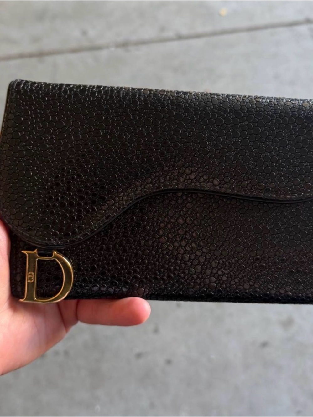 Dior Black Textured Leather Card Holder with Gold 'D' Charm